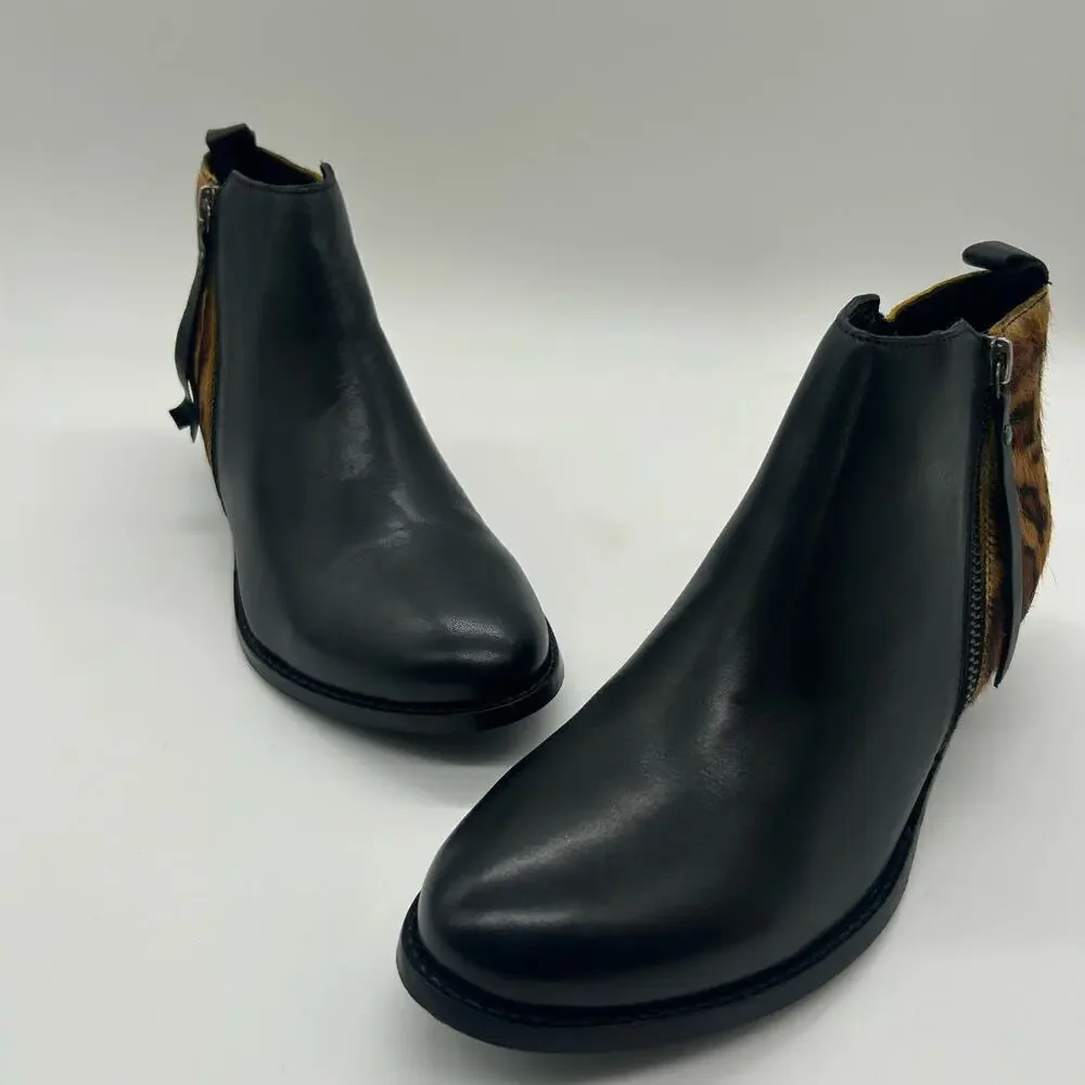 Journee Signature Boots Womens 5.5 Black Leather Shalece Ankle Leopard Print NEW